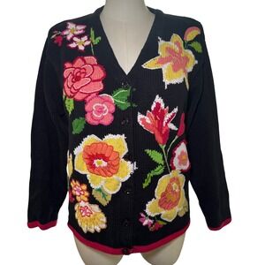 Storybook Knits Black Floral Embroidered Beaded Handknit Cardigan Sweater Large